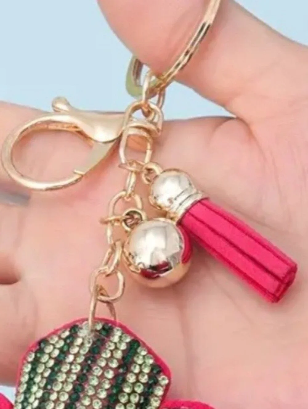 Western Cactus Crystal Rhinestone Keychain Bag Charm With Pink Tassel